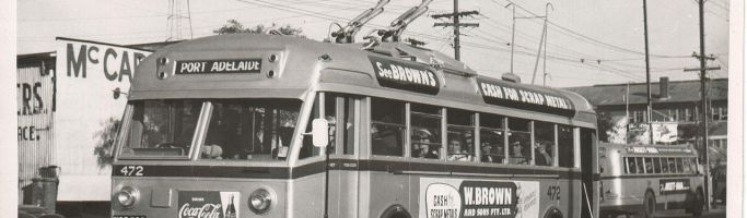 Photo by Doug Colquhoun from Wikimedia Commons. The trolleybus system was part of public transport around Adelaide for roughly 30 years 