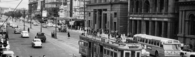 Photo from ARW FB page.
A tram conductor waits as passengers board a tram in King William Street in the 1950s